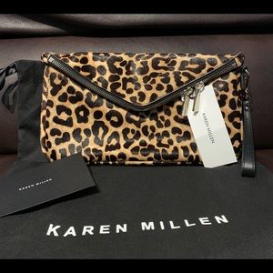 Karen Millen Leopard Brown Black Faux Fur Clutch